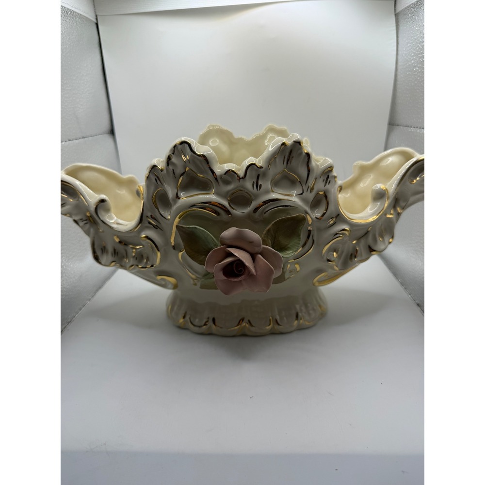 Vintage Cordey Porcelain Centerpiece Bowl Gold Gilt Pink Rose 1006 Ivory 11in